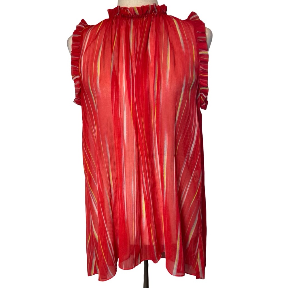 Elie Tahari Sheer Bold Red Striped Ruffled Sleeveless Blouse Shell SZ S